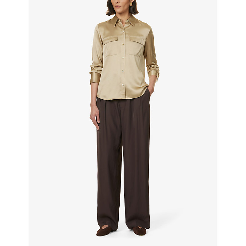 Shop Vince Women's Beige Stone-285bes Flap-pocket Regular-fit Silk Shirt