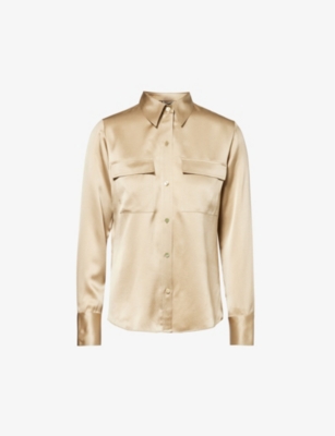 Shop Vince Womens Beige Stone-285bes Flap-pocket Regular-fit Silk Shirt