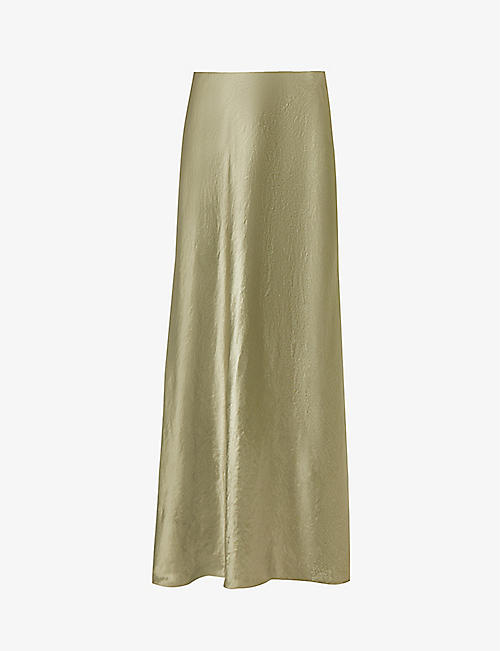VINCE: Flared-hem crinkle-texture satin midi skirt