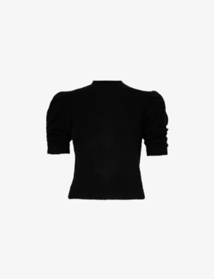 FRAME: Puffed-sleeve ribbed-trim cashmere top