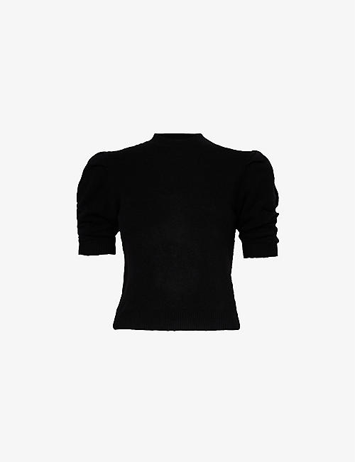 FRAME: Puffed-sleeve ribbed-trim cashmere top