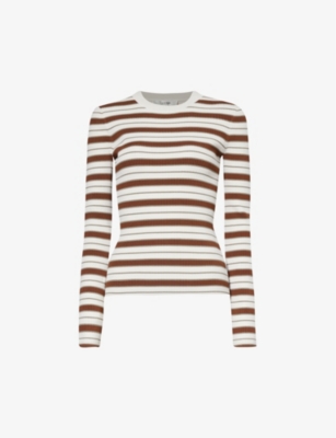 Shop Frame Womens Mocha Multi Stripe-print Crew-neck Stretch-woven Blend Jumper In Multi-coloured