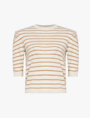 FRAME: Stripe-print ruched-sleeve cashmere jumper