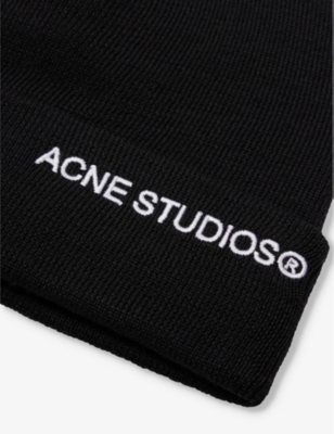 Shop Acne Studios Womens Black Brand-embroidered Folded-brim Wool-blend Beanie