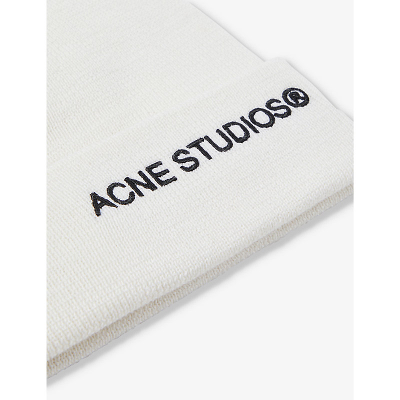 Shop Acne Studios Womens Off White Brand-embroidered Folded-brim Wool-knit Beanie