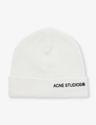 Acne Studios Womens Off White Brand-embroidered Folded-brim Wool-knit Beanie