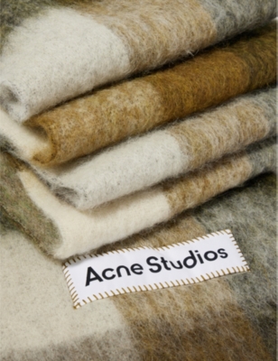 Shop Acne Studios Women's Taupe/green/black Vally Checked Wool-blend Scarf