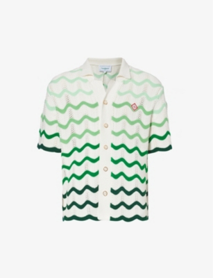 Shop Casablanca Men's Green / White Wave-pattern Crochet Cotton-knit Shirt