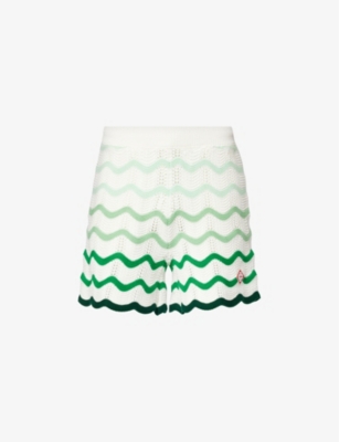 Shop Casablanca Bouclé Wave-knit Cotton-knit Shorts In Green / White