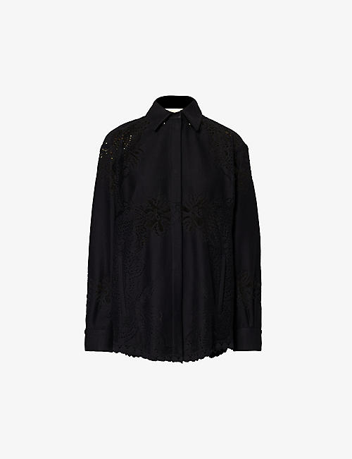 VALENTINO GARAVANI: Floral-lace scallop-trim cotton-blend shirt