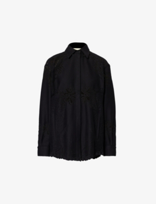 Shop Valentino Garavani Womens Nero Floral-lace Scallop-trim Cotton-blend Shirt