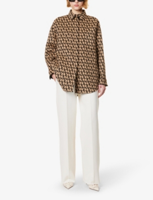 Shop Valentino Garavani Women's Cammello Nero Vlogo-pattern Brushed-texture Wool-blend Shirt