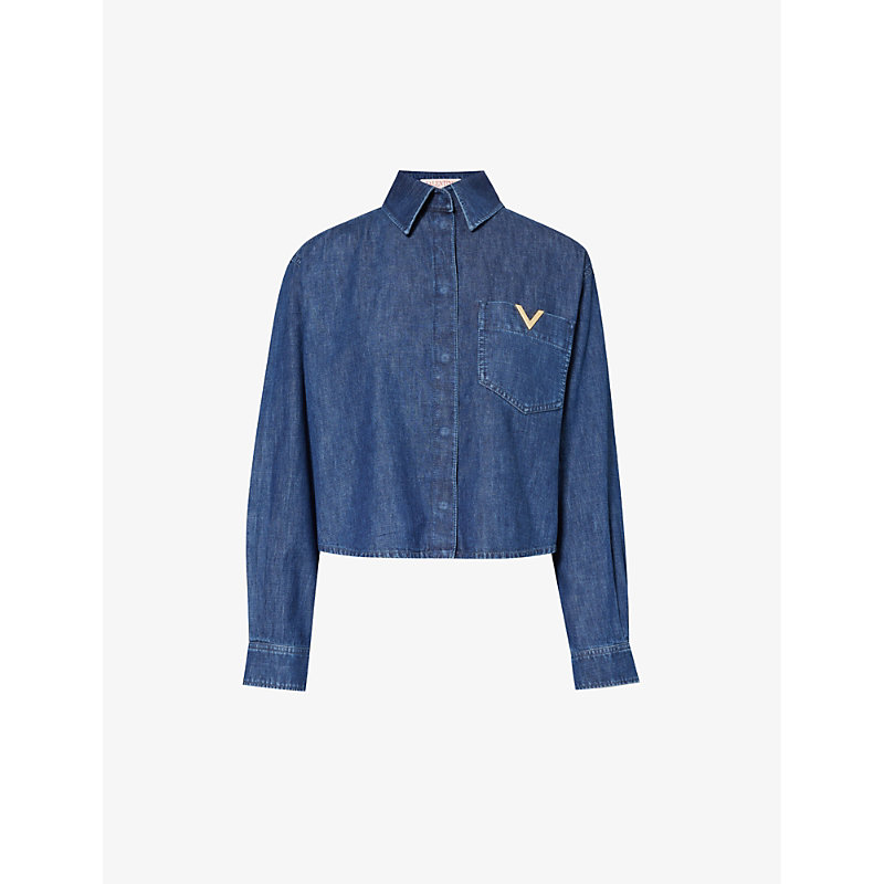 Valentino Garavani Womens Medium Blue Denim Vlogo-embellished Long-sleeve Denim Shirt