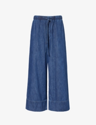 Valentino Denim-chambray Drawstring Palazzo Pants In Medium Blue Denim