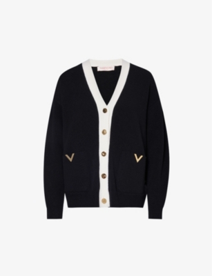 Valentino Vlogo-embellished V-neck Wool Knitted Cardigan In Monochrome