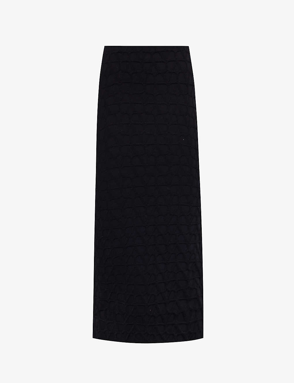 Valentino Womens Nero Slim-fit Monogram-pattern Knitted Midi Skirt In Black