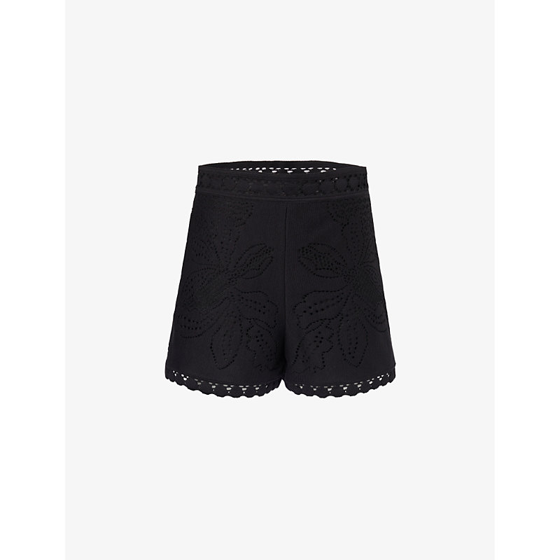 Shop Valentino Floral-lace Scallop-trim Woven Shorts In Nero