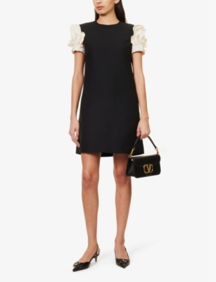 Shop Valentino Garavani Womens Nero Avorio Ruffle-trim Wool And Silk-blend Mini Dress In Monochrome