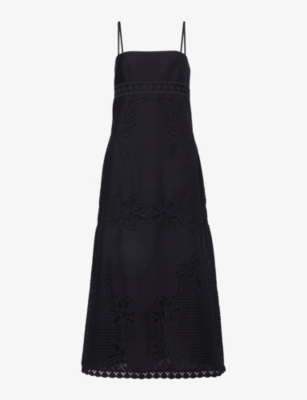 Shop Valentino Floral-lace Straight-neck Cotton-blend Midi Dress In Nero