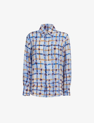 Shop Marni Women's Light Blue Checked Relaxed-fit Silk Shirt