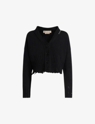 Shop Marni Women's Black Distressed V-neck Cotton-knit Cardigan