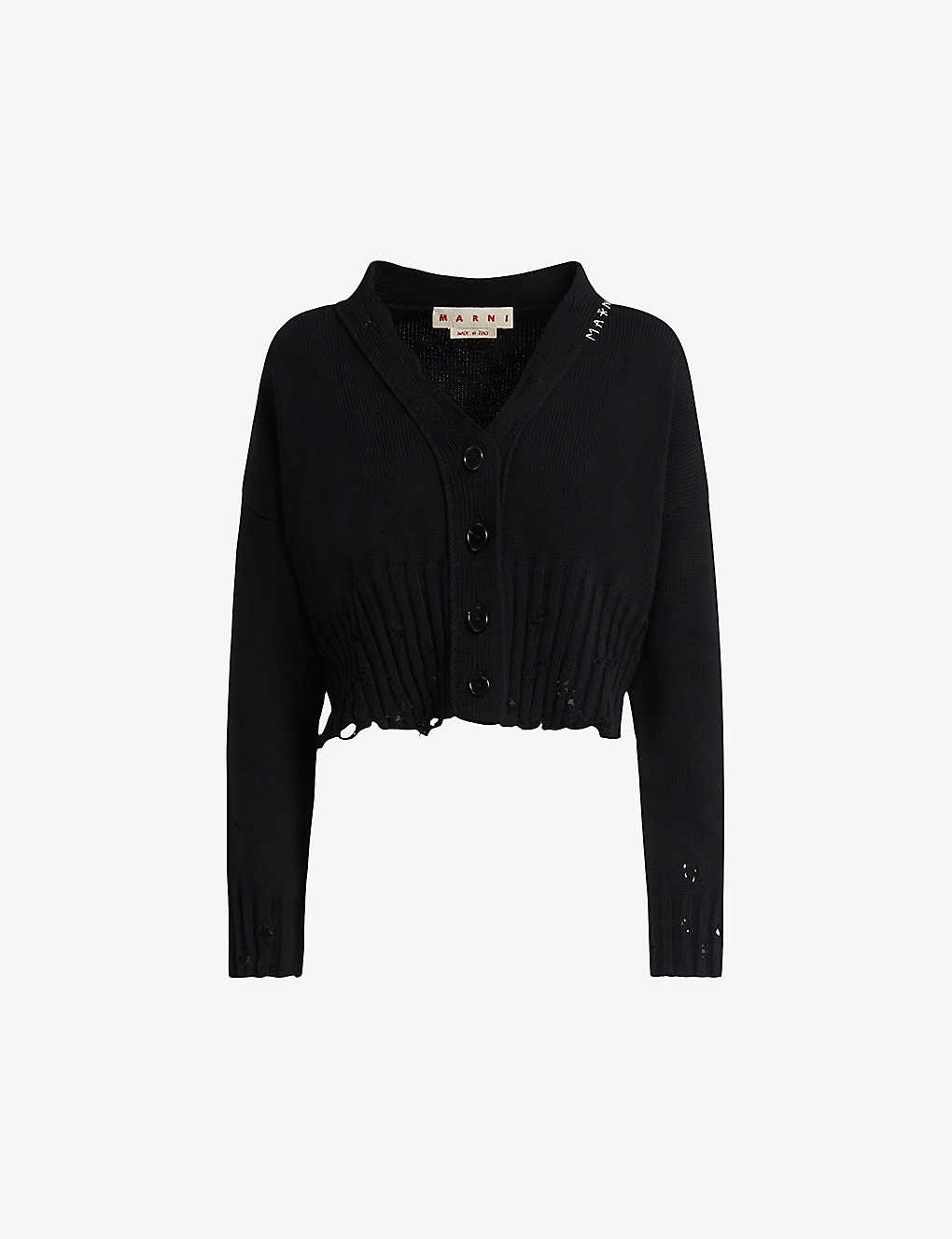Shop Marni Distressed V-neck Cotton-knit Cardigan In Black