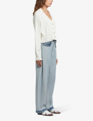 Shop Marni Women's Lily White Distressed V-neck Cotton-knit Cardigan