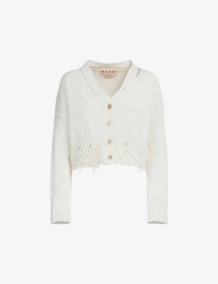 Shop Marni Women's Lily White Distressed V-neck Cotton-knit Cardigan