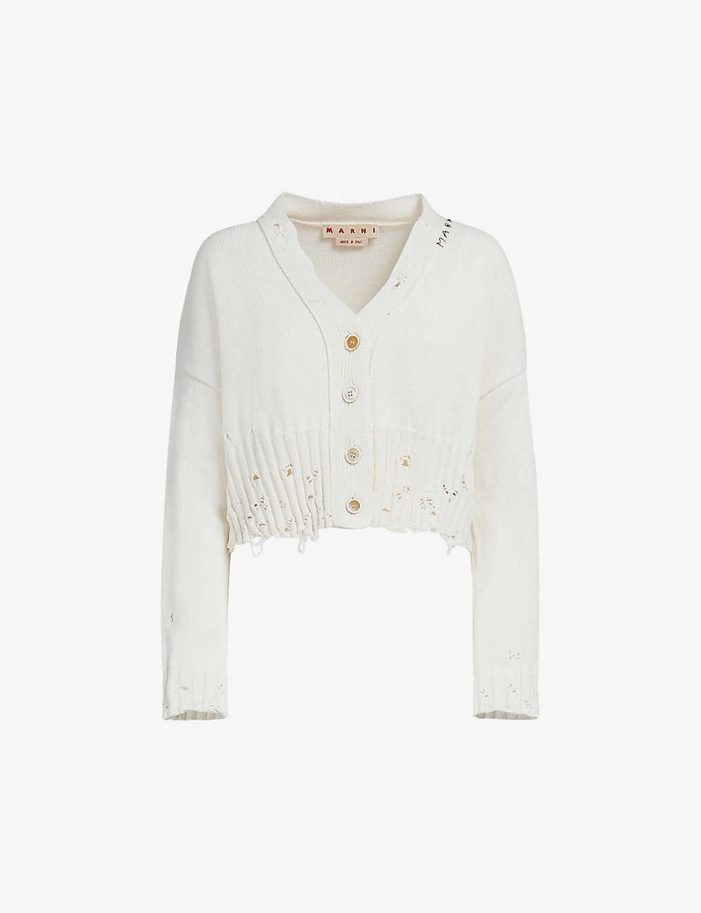 Shop Marni Distressed V-neck Cotton-knit Cardigan In White
