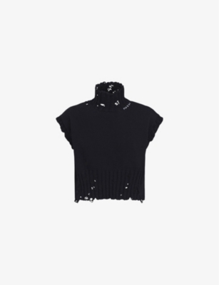 Shop Marni Distressed Cropped Cotton-knit Vest In Black
