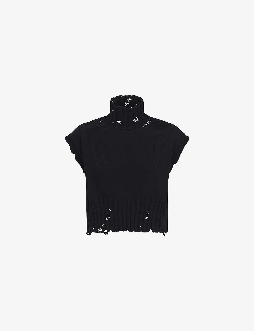 Shop Marni Distressed Cropped Cotton-knit Vest In Black