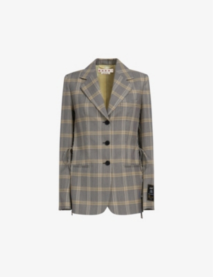 Shop Marni Single-breasted Checked Relaxed-fit Wool-blend Blazer In Yellow