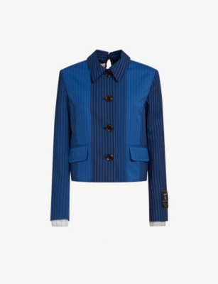 Marni Cropped Contrast Pinstripe Shirt Jacket In Blumarine