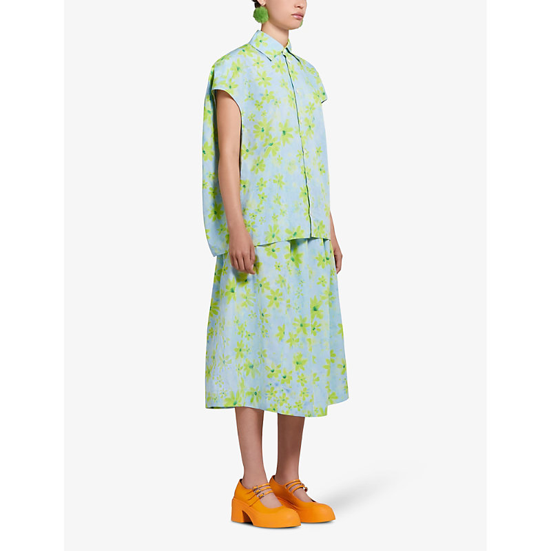 Shop Marni Floral-print Flared-hem Cotton Midi Skirt In Aquamarine