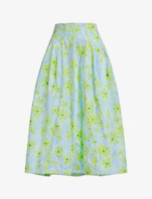 Marni A-line Floral-print Cotton Midi Skirt In Aquamarine