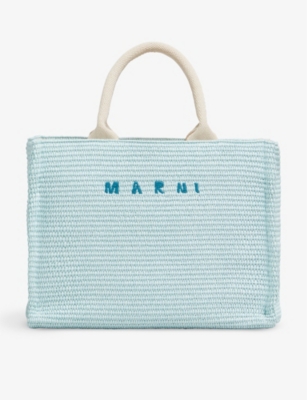 Shop Marni Embroidered-logo Woven-raffia Tote Bag In Pale Mint
