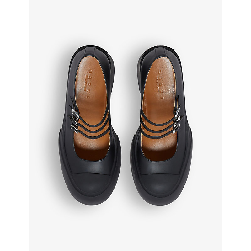 Shop Marni Platform-heel Brand-embossed Leather Heeled Courts In Black