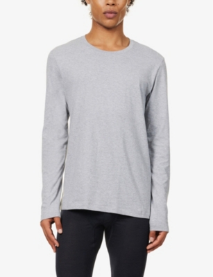 Shop Hanro Mens Grey Melange Regular-fit Long-sleeve Cotton-jersey T-shirt
