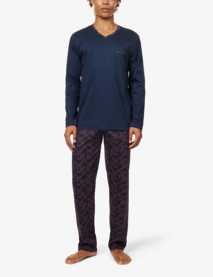Shop Hanro Men's Small Paisley Paisley-pattern Regular-fit Cotton-jersey Pyjamas In Navy Blue/brown
