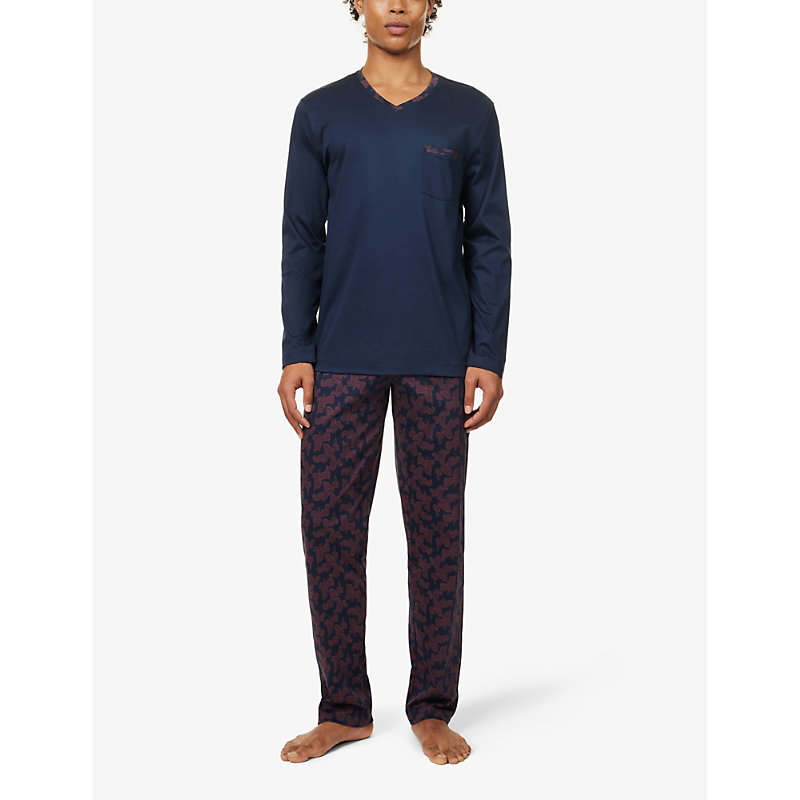 Shop Hanro Men's Small Paisley Paisley-pattern Regular-fit Cotton-jersey Pyjamas In Navy Blue/brown