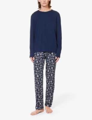 Shop Hanro Long-sleeved Cotton-jersey Pyjama Set In Blue