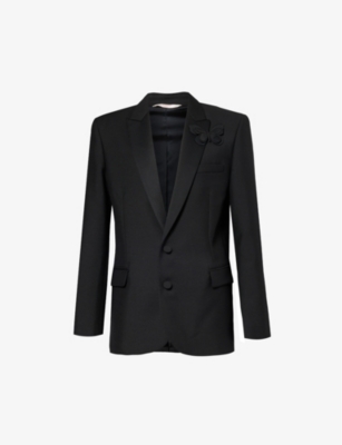Valentino Mens Nero Butterfly-embellished Single-breasted Wool-blend Blazer In Black