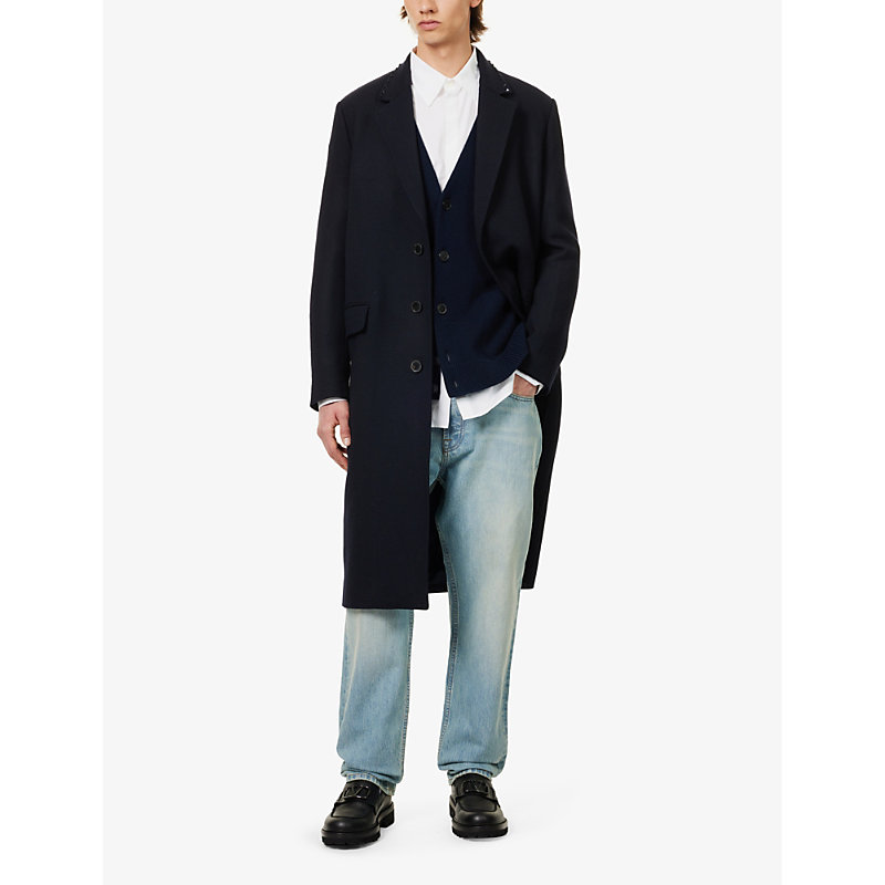 Shop Valentino Garavani Men's Navy Rockstud-embellished Notched-lapel Wool Coat