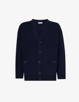 Valentino Mens Navy Logo-embellished V-neck Wool Knitted Cardigan In Blue