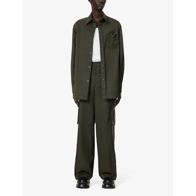 Shop Valentino Garavani Men's Olive Wide Slip-pocket Regular-fit Wide-leg Woven Trousers In Green