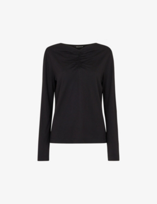 Whistles Womens Black Ruched V-neck Cotton And Modal-blend Top In Black
