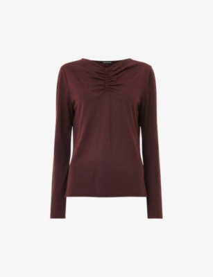 Whistles Womens Burgundy V-neck Ruched-detail Woven Top