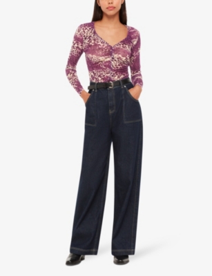 Whistles Sahara Ruched-front Leopard-print Stretch Recycled-polyester Top In Pink/multi