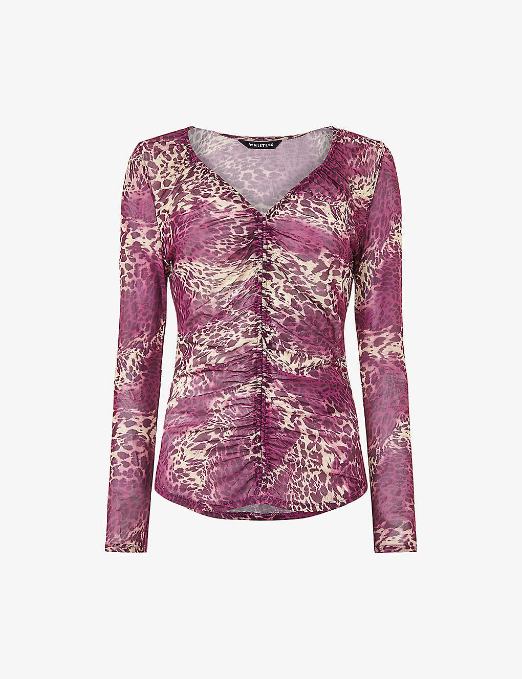 Whistles Sahara Ruched-front Leopard-print Stretch Recycled-polyester Top In Pink/multi