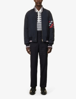 Shop Thom Browne Men's Navy Four-bar Brand-patch Shell-down Bomber Jacket In Blue